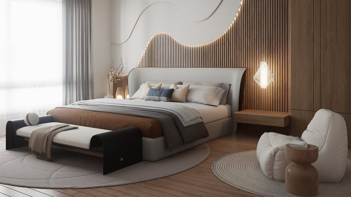 Dormitorio moderno con cama ordenada, tonos cálidos y detalles de madera